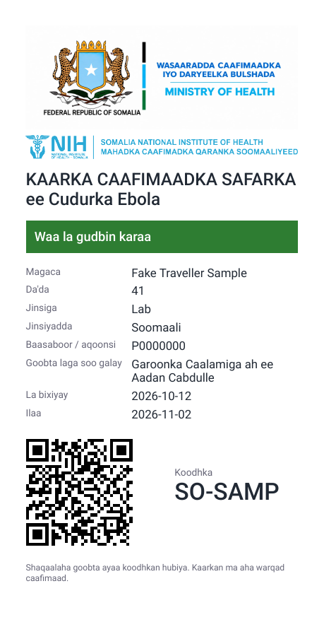 The Travel Health Pass issued to a traveller, with a single use code
