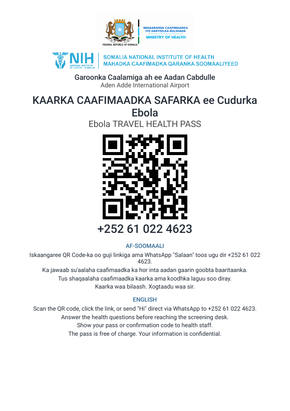 The poster at a point of entry, with the government number and instructions in both languages